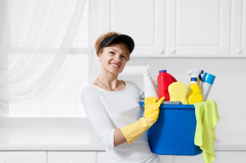 Carpet cleaning technician assessing a room before work in N22